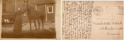 Addressed to Estella Selleck
This Real Photo Postcard (RPPC) is addressed to Miss Estella Selleck, 10# Academy Street, Oneonta, New York.

The Postcard is Dated 29 September 1910.
