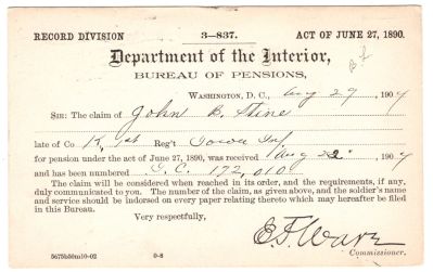 Click to view full size image
==============
John Burge Stine
This was Donated by Mary Muhlfeld
Civil War Document for John Burge Stine
John Burge Stine
This was Donated by Mary Muhlfeld
Civil War Document for John Burge Stine