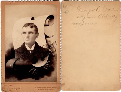 George Edward Carlin

THIS HAS BEEN RETURNED TO FAMILY

This Cabinet Card Photo States: "George E. Carlin, 23 years old 1st of next June"

The Photographers name is "Carl Tornqvist", West Deluth, Minnesota.
