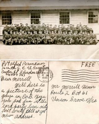 Alfred Permann 

This Real Photo Postcard (RPPC) was sent to Mr. Merrill Henn from PVT Alfred Permann. Postcard was sent in 1945.

NOTE: Alfred Permann is down from the arrow on the right.

