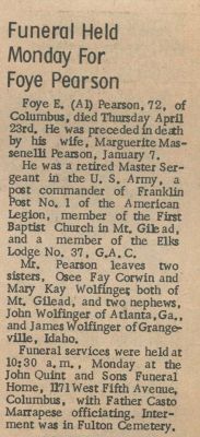Click to view full size image
==============
Foye Emerson "Al" Pearson Obituary
THIS HAS BEEN RETURNED TO FAMILY
Obituary for Foye Emerson "Al" Pearson.
Foye Emerson "Al" Pearson Obituary
THIS HAS BEEN RETURNED TO FAMILY
Obituary for Foye Emerson "Al" Pearson.