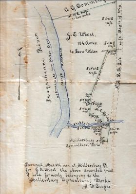 Click to view full size image
==============
Surveyor's Map/Millersburg, Pennsylvania 1894
THIS HAS BEEN DONATED TO THE MILLERSBURG HISTORICAL SOCIETY.
This is a hand-drawn surveyor's map of portions of Millersburg, Pennsylvania. The survey appears to have been done for J.E. Wiest by surveyor S.W. Cooper, and is dated March 8, 1894.
Surveyor's Map/Millersburg, Pennsylvania 1894
THIS HAS BEEN DONATED TO THE MILLERSBURG HISTORICAL SOCIETY.
This is a hand-drawn surveyor's map of portions of Millersburg, Pennsylvania. The survey appears to have been done for J.E. Wiest by surveyor S.W. Cooper, and is dated March 8, 1894.