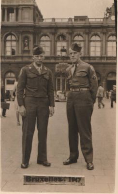 John Lewis Heyer & Unidentified

THIS HAS BEEN RETURNED TO FAMILY

This Photo was Taken in Brussels in 1947.

On the left is John Lewis Heyer. The Person on the Right is Unidentified.
