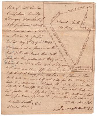 Daniel Smith Deed, 1809

This is being Shared by Cheryl Webber.

Deed for Daniel Smith, Cumberland County, North Carolina for 200 Acres. Dated 2 May 1809.
