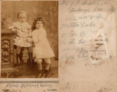 Click to view full size image
==============
Unidentified
THIS HAS BEEN RETURNED TO FAMILY
This Cabinet Card Photo States: "Mrs. J. B. Austin, Goodings Grove, Illinois."
NOTE: The kids are unidentified. The rest of the writing is related to ordering the photo. Then on the bottom left corner there is the date November 21.
The Photographers name is "Chicago Photograph Gallery, Joliet, Illinois.
Unidentified
THIS HAS BEEN RETURNED TO FAMILY
This Cabinet Card Photo States: "Mrs. J. B. Austin, Goodings Grove, Illinois."
NOTE: The kids are unidentified. The rest of the writing is related to ordering the photo. Then on the bottom left corner there is the date November 21.
The Photographers name is "Chicago Photograph Gallery, Joliet, Illinois.