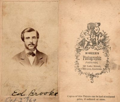 Click to view full size image
==============
Ed Brooks
THIS HAS BEEN RETURNED TO FAMILY
This CdV Photograph States: "Yours Truly, Ed Brooks, 2 October 1869"
The Photographers name is "Mosher's Photographic Parlors", Chicago, Illinois.
Ed Brooks
THIS HAS BEEN RETURNED TO FAMILY
This CdV Photograph States: "Yours Truly, Ed Brooks, 2 October 1869"
The Photographers name is "Mosher's Photographic Parlors", Chicago, Illinois.