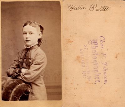Hattie Bartee

THIS HAS BEEN RETURNED TO FAMILY

This CdV Photograph States: "Hattie Bartee"

The Photographers name is "Chas. F. Johnson", Chicago, Illinois.
