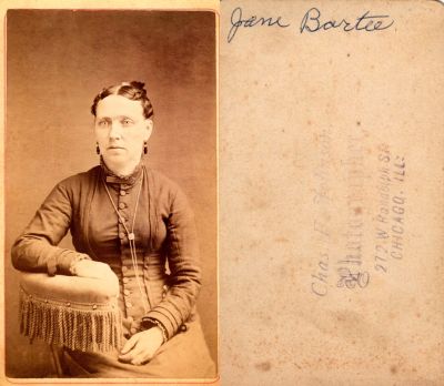 Click to view full size image
==============
Jane Bartee
THIS HAS BEEN RETURNED TO FAMILY
This CdV Photograph States: "Jane Bartee"
The Photographers name is "Chas. F. Johnson", Chicago, Illinois.
Jane Bartee
THIS HAS BEEN RETURNED TO FAMILY
This CdV Photograph States: "Jane Bartee"
The Photographers name is "Chas. F. Johnson", Chicago, Illinois.