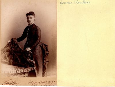 Click to view full size image
==============
Jennie Parker
THIS HAS BEEN RETURNED TO FAMILY
This cut off Cabinet Card Photo States: "Jennie Parker"
The Photographers name is "Hartley", Chicago, Illinois.
Jennie Parker
THIS HAS BEEN RETURNED TO FAMILY
This cut off Cabinet Card Photo States: "Jennie Parker"
The Photographers name is "Hartley", Chicago, Illinois.