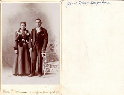 Click to view full size image
==============
Geo. & Flora Longshore
THIS HAS BEEN RETURNED TO FAMILY
This Cabinet Card Photo States: "Geo. & Flora Longshore"
The Photographers name is "Chas. Murr", Joliet, Illinois.
Geo. & Flora Longshore
THIS HAS BEEN RETURNED TO FAMILY
This Cabinet Card Photo States: "Geo. & Flora Longshore"
The Photographers name is "Chas. Murr", Joliet, Illinois.