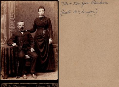 Mr. & Mrs. Geo. Parker (Kate McGregor)

THIS HAS BEEN RETURNED TO FAMILY

This cut off Cabinet Card Photo States: "Mr. & Mrs. Geo. Parker (Kate McGregor)"

The Photographers name is "Winterberg?', Orland, Illinois.

NOTE: This photo appears to be mislabeled. Kate McGregor was Married to William Parker NOT George Parker. 
