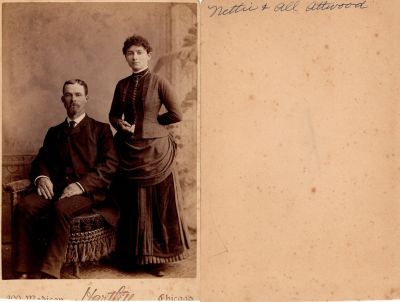 Click to view full size image
==============
Nettie & Albert John Attwood
THIS HAS BEEN RETURNED TO FAMILY
This Cut off Cabinet Card Photo States: "Nettie & All Attwood"
The Photographers name is "Hartley", Chicago, Illinois.
Nettie & Albert John Attwood
THIS HAS BEEN RETURNED TO FAMILY
This Cut off Cabinet Card Photo States: "Nettie & All Attwood"
The Photographers name is "Hartley", Chicago, Illinois.