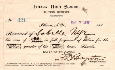 Sabella D. Nye

THIS HAS BEEN RETURNED TO FAMILY.

Tuition Receipt for Sabella D. Nye from Ithaca Public Schools. Date of Receipt 2 May 1899.
