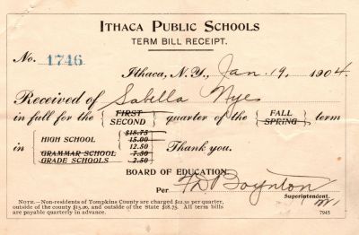 Sabella D. Nye

THIS HAS BEEN RETURNED TO FAMILY

Tuition Receipt for Sabella D. Nye from Ithaca Public Schools. Date of Receipt is 19 January 1904.
