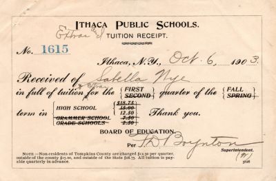 Click to view full size image
==============
Sabella D. Nye
THIS HAS BEEN RETURNED TO FAMILY
Tuition Receipt for Sabella D. Nye from Ithaca Public Schools. Date of Receipt is 6 October 1903.
Sabella D. Nye
THIS HAS BEEN RETURNED TO FAMILY
Tuition Receipt for Sabella D. Nye from Ithaca Public Schools. Date of Receipt is 6 October 1903.