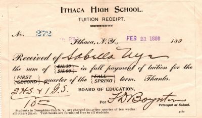 Click to view full size image
==============
Sabella D. Nye
THIS HAS BEEN RETURNED TO FAMILY
Tuition Receipt for Sabella D. Nye from Ithaca Public Schools. Date of Receipt is 21 February 1899.
Sabella D. Nye
THIS HAS BEEN RETURNED TO FAMILY
Tuition Receipt for Sabella D. Nye from Ithaca Public Schools. Date of Receipt is 21 February 1899.