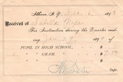 Click to view full size image
==============
Sabella D. Nye
THIS HAS BEEN RETURNED TO FAMILY
Tuition Receipt for Sabella D. Nye from Ithaca Public Schools. Date of Receipt is 6 December 1898.
Sabella D. Nye
THIS HAS BEEN RETURNED TO FAMILY
Tuition Receipt for Sabella D. Nye from Ithaca Public Schools. Date of Receipt is 6 December 1898.