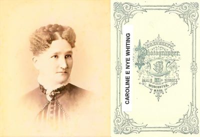 Click to view full size image
==============
Caroline E. Nye Whiting
THIS HAS BEEN RETURNED TO FAMILY
This Cabinet Card Photo States: "Caroline E. Nye Whiting"
The Photographers name is "Everett", Worcester, Massachusetts.
Caroline E. Nye Whiting
THIS HAS BEEN RETURNED TO FAMILY
This Cabinet Card Photo States: "Caroline E. Nye Whiting"
The Photographers name is "Everett", Worcester, Massachusetts.