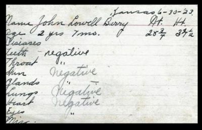 John Lowell Berry Baby Book

THIS HAS BEEN RETURNED TO FAMILY

Results of Baby's Physical Exam at 2 Years, 7 Months.
