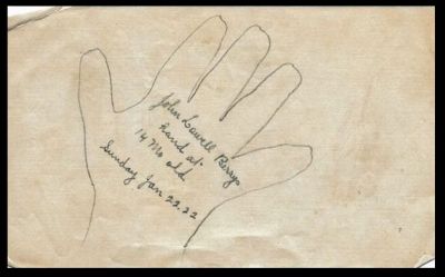 John Lowell Berry Baby Book 

THIS HAS BEEN RETURNED TO FAMILY

Outline of baby's hand at 14 months old, Sunday, Jan 22, 1922.
