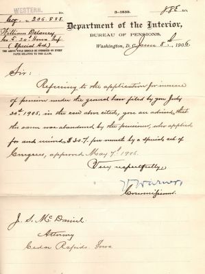 William Delaney 

This was Donated by Mary Muhlfeld.

Civil War Pension Papers for William Delaney.

