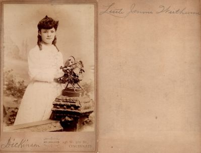 Click to view full size image
==============
Little Jennie Wirthwine
THIS HAS BEEN RETURNED TO FAMILY
This was Donated by Marra Marie.
This Cabinet Card Photo States: "Little Jennie Wirthwine"
The Photographers name is "Dickerson", Cincinnati, Ohio.
Little Jennie Wirthwine
THIS HAS BEEN RETURNED TO FAMILY
This was Donated by Marra Marie.
This Cabinet Card Photo States: "Little Jennie Wirthwine"
The Photographers name is "Dickerson", Cincinnati, Ohio.