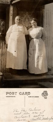 Click to view full size image
==============
Ma Ma & Pa Pa Coulson
This was Donated by Cheryl Webber.
This Real Photo Postcard (RPPC) States: "Pa Pa Coulson & Ma Ma
at Coulson's eating house. Seattle, Washington"
Ma Ma & Pa Pa Coulson
This was Donated by Cheryl Webber.
This Real Photo Postcard (RPPC) States: "Pa Pa Coulson & Ma Ma
at Coulson's eating house. Seattle, Washington"