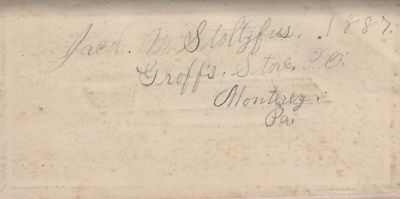Jacob M. Stoltzfus Diary

This was Donated by Mary Muhlfeld.

Inside page of Jacob M. Stoltzfus of Monterey, Pennsylvania Diary.

It is for the year 1887.
