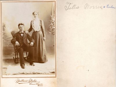 Click to view full size image
==============
Telles & Eula Morris
This Cabinet Card Photo States: "Telles Morris & Eula"
The Photographers name is "Brittan's Studio", Walla Walla, Washington.
Telles & Eula Morris
This Cabinet Card Photo States: "Telles Morris & Eula"
The Photographers name is "Brittan's Studio", Walla Walla, Washington.