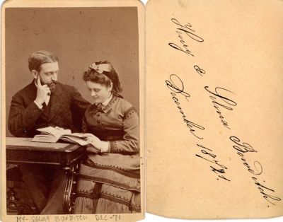 Henry & Selma Bowditch

THIS HAS BEEN RETURNED TO FAMILY

This was Donated by Cheryl Webber.

This CdV photograph states on the front: "Selma Bowditch, December 1871"

The back of the CdV photograph states: "Henry & Selma Bowditch, December 1871"
