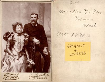 Mr. & Mrs. Truman Sheldon Geer

This was Donated by Cheryl Webber.

This Cabinet Card Photo States: "Mr. & Mrs. T. S. Geer, Tacoma, Washington. October 1897"

The Photographers name is "French", Tacoma, Washington.
