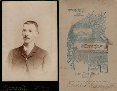 Charles Monroe Luckenbill Sr.

This was Donated by Cheryl Webber.

This Cabinet Card Photo States: "Charles Luckenbill"

The Photographers name is "Strunk", Reading, Pennsylvania
