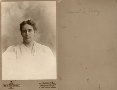 Harriet S. Ferry

This Cabinet Card Photo States: "Harriet S. Ferry"

The Photographers name is "Chas. W. Hearn Studios", Old Orchard, Maine.
