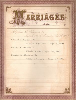 Click to view full size image
==============
Alpheus Kimball Francis & Sarah R. Houghton
This was Donated by Cheryl Webber
Marriages
Alpheus Kimball Francis & Sarah R. Houghton
This was Donated by Cheryl Webber
Marriages