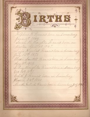 Click to view full size image
==============
Alpheus Kimball Francis & Sarah R. Houghton
This was Donated by Cheryl Webber.
Births
Alpheus Kimball Francis & Sarah R. Houghton
This was Donated by Cheryl Webber.
Births