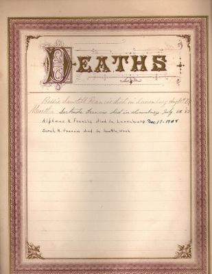 Click to view full size image
==============
Alpheus Kimball Francis & Sarah R. Houghton
This was Donated by Cheryl Webber.
Deaths
Alpheus Kimball Francis & Sarah R. Houghton
This was Donated by Cheryl Webber.
Deaths