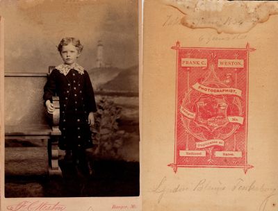Lyndon Blaine Tewksbury

THIS HAS BEEN RETURNED TO FAMILY

This was Donated by Cheryl Webber.

This Cabinet Card Photo States: "Taken June 1884, 6 years old"

The Photographers name is "Frank C. Weston", Bangor, Maine.

