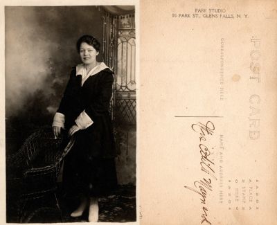 Mrs. Edith Maynard

THIS HAS BEEN RETURNED TO FAMILY

This was Donated by Cheryl Webber

This Real Photo Postcard (RPPC) States: "Mrs. Edith Maynard"

The Photographers name is "Park Studio", Glens Falls, New York
