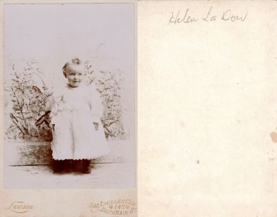 Helen LaDow

This was Donated by Cheryl Webber.

This Cabinet Card Photo States: "Helen LaDow"

The Photographers name is "Lawson", Los Angeles, California.
