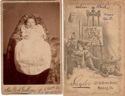 Helen Reed

This was Donated by Cheryl Webber.

This Cabinet Card Photo States: "Helen Reed, moms sister"

The Photographers name is "Saylor", Reading, Pennsylvania.
