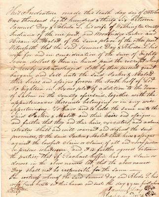 Click to view full size image
==============
Deed
This was Donated by a Anonymous donor.
This is a Deed/Sale. Samuel Day & his wife Rhoda Louise Hyde Day sold property to Woodbridge Parker & Hiram B. Malott. Date of Deed is 23 Day of January 1838.
Deed
This was Donated by a Anonymous donor.
This is a Deed/Sale. Samuel Day & his wife Rhoda Louise Hyde Day sold property to Woodbridge Parker & Hiram B. Malott. Date of Deed is 23 Day of January 1838.