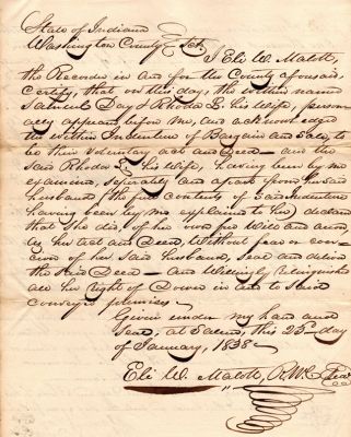 Deed

This was Donated by a Anonymous donor.

This is a Deed/Sale. Samuel Day & his wife Rhoda Louise Hyde Day sold property to Woodbridge Parker & Hiram B. Malott. Date of Deed is 23 Day of January 1838.
