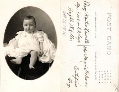 Click to view full size image
==============
Percy Newton Lewellen
This was Donated by Cheryl Webber.
This Real Photo Postcard (RPPC) States: "Percy Newton Lewellen, age 8 months & 2 days. Weight 18 1/2 lbs. 18 October 1910"
The Real Photo Postcard (RPPC) is addressed to "Mrs. Nannie Falconer", Enterprise, Oregon.
Percy Newton Lewellen
This was Donated by Cheryl Webber.
This Real Photo Postcard (RPPC) States: "Percy Newton Lewellen, age 8 months & 2 days. Weight 18 1/2 lbs. 18 October 1910"
The Real Photo Postcard (RPPC) is addressed to "Mrs. Nannie Falconer", Enterprise, Oregon.