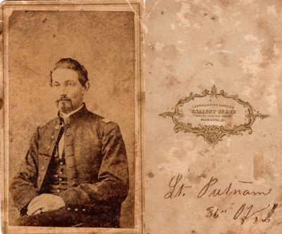 Click to view full size image
==============
Lt. Putnam
This was Donated by a Anonymous Donor.
This CdV Photograph States: "Lt. Putnam, 36", O, V, ?"
The Photographers name is "Cadwallader & Tappen's Gallery of Art", Marietta, Ohio
Lt. Putnam
This was Donated by a Anonymous Donor.
This CdV Photograph States: "Lt. Putnam, 36", O, V, ?"
The Photographers name is "Cadwallader & Tappen's Gallery of Art", Marietta, Ohio