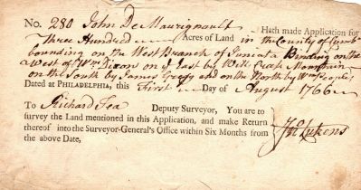 Click to view full size image
==============
John De Mauringault
This was Donated by a Anonymous Donor.
This is a Land Deed Application for John De Maurignault.
The county indicated is in "Cumb". Reasearch has shown that this Land Deed Application is for Cumberland County, Pennsylvania.
Date of the Land Deed Application is 1 August 1766
Further Research is needed.
John De Mauringault
This was Donated by a Anonymous Donor.
This is a Land Deed Application for John De Maurignault.
The county indicated is in "Cumb". Reasearch has shown that this Land Deed Application is for Cumberland County, Pennsylvania.
Date of the Land Deed Application is 1 August 1766
Further Research is needed.