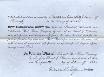 Click to view full size image
==============
Christopher Colson & Patty Colson
This was Donated by a Anonymous Donor.
This is a Railroad Deed for Christopher Colson & Patty Colson.
Date of the Deed is 4 January 1851 in Willoughby, Lake County, Ohio.
Page 3
Christopher Colson & Patty Colson
This was Donated by a Anonymous Donor.
This is a Railroad Deed for Christopher Colson & Patty Colson.
Date of the Deed is 4 January 1851 in Willoughby, Lake County, Ohio.
Page 3