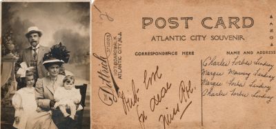 The Charles Forbes Lindsey Family

This was Donated by Cheryl Webber.

This cut off Real Photo Postcard (RPPC) States: "Charles Forbes Lindsey, Margee Manning Lindsey, Margie Forbes Lindsey & Charles Forbes Lindsey"

The Photographers name is "The Dittrich Studios", Atlantic City, New Jersey
