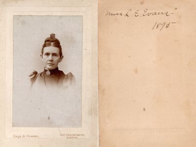 Miss L. E. Evans

This was Donated by Cheryl Webber.

This photo on board states: "Miss L. E. Evans, 1895"

The Photographers name is "Davis & Howard", Boston, Massachusetts.
