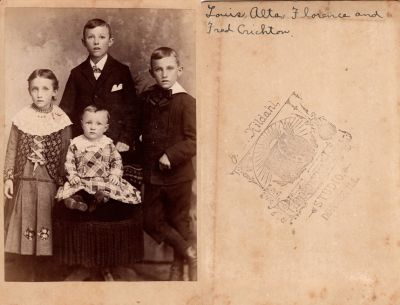 Click to view full size image
==============
Lois, Alta, Florence & Fred Crichton
THIS HAS BEEN RETURNED TO FAMILY
This was Donated by Cheryl Webber.
This Cabinet Card Photo States: "Lois, Alta, Florence & Fred Crichton"
The Photographers name is "Kildahl", Dundee, Illinois.
Lois, Alta, Florence & Fred Crichton
THIS HAS BEEN RETURNED TO FAMILY
This was Donated by Cheryl Webber.
This Cabinet Card Photo States: "Lois, Alta, Florence & Fred Crichton"
The Photographers name is "Kildahl", Dundee, Illinois.