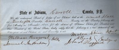 Burlington, Carroll County, Indiana Presidential Election 1856

THIS HAS BEEN DONATED TO THE CARROLL COUNTY HISTORICAL SOCIETY.

This was Donated by a Anonymous Donor.

Family Treasures Found has the voting documents from the 1856 Burlington, Carroll County, Indiana Presidential Election of 1856. The documents are to large to scan. They include the tally sheet, individual sheets of voter names & other documents relating to the election.
